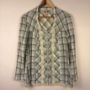 Vintage Y2K Cotton Plaid Lace Blouse Cottagecore Prairie